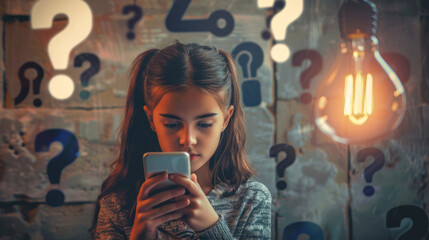 A perplexed girl using a smartphone is surrounded by question marks and a single bright lightbulb, symbolizing contemplation or a search for answers - obrazy, fototapety, plakaty