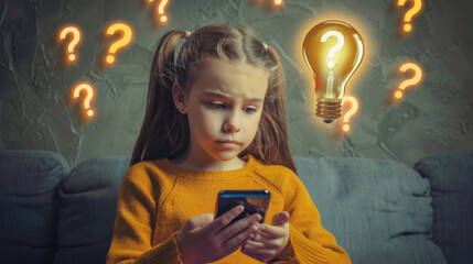 The image features a young girl holding a smartphone and looking concerned, illuminated by a lightbulb and surrounded by question marks - obrazy, fototapety, plakaty