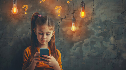A girl gazes intently at a smartphone, with question marks and hanging lightbulbs representing a state of questioning or discovery - obrazy, fototapety, plakaty