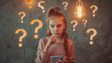 This image captures a girl with a pensive expression, smartphone in hand, surrounded by question marks and a glowing lightbulb suggesting deep thought - obrazy, fototapety, plakaty