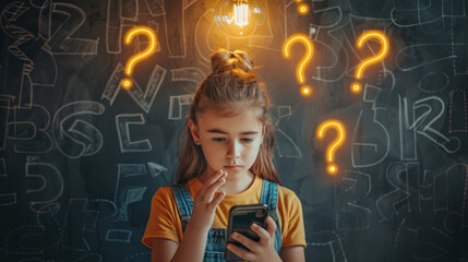 A girl faces mathematical symbols and question marks while using her phone, creating a narrative about education or the quest for knowledge - obrazy, fototapety, plakaty