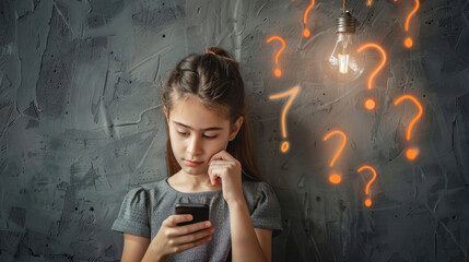 A young girl looks at her phone with a concentrated expression, surrounded by question mark symbols and a lit lightbulb, suggesting deep thought or a moment of insight - obrazy, fototapety, plakaty