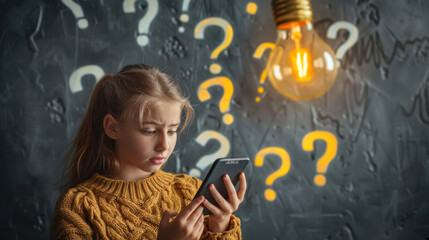 A girl with a cell phone looks aside, surrounded by question marks, with a glowing lightbulb overhead symbolizing curiosity or a search for answers - obrazy, fototapety, plakaty