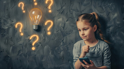A thoughtful girl engrossed in her phone is accompanied by glowing question marks and a lightbulb, hinting at a moment of reflection or problem-solving - obrazy, fototapety, plakaty