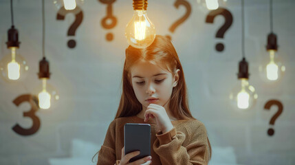 A pensive young girl holds a smartphone, highlighted by a bright lightbulb, with a backdrop of numbers and question marks indicating learning or thought - obrazy, fototapety, plakaty