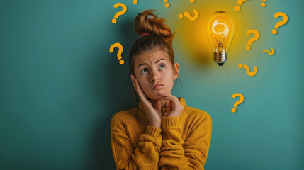 Woman in yellow sweater looking thoughtful with glowing light bulb above her head surrounded by question marks Concept of idea generation and curiosity - obrazy, fototapety, plakaty