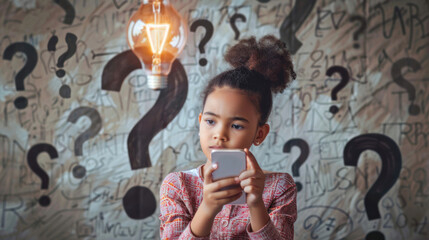Young girl holding phone with a look of contemplation, illuminated by a single vintage light bulb with question marks on background - obrazy, fototapety, plakaty