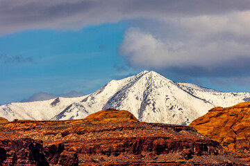Beautiful snowy mountain peak seen from the scenic Bicentennial Highway in Utah. 