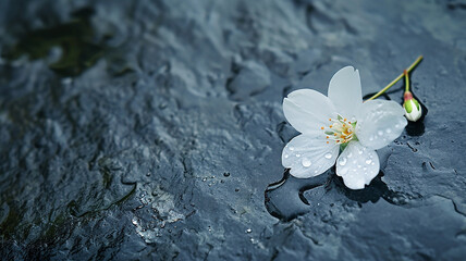 Spa and Wellness Concept. White flowers on black wet stone background, top view with copy space