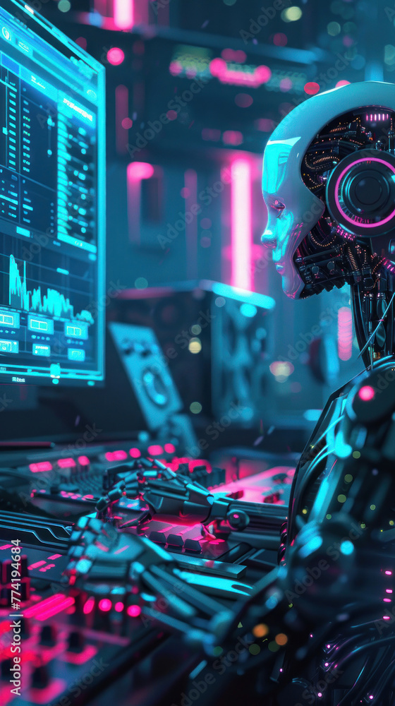 Poster a humanoid robot with a glowing head profile against a digital interface backdrop, evoking advanced 