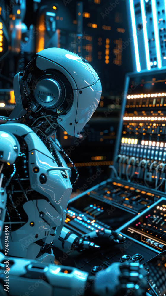 Poster a realistic robot interacting with a complex electronic control system, highlighting ai capabilities