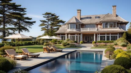 Fototapeta premium Mediterranean inspired villa with a sprawling garden and a private beach access in the exclusive Hamptons, New York