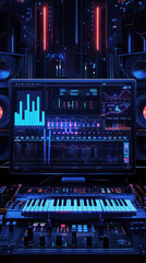 Full display of a futuristic digital music production interface with advanced sound controls