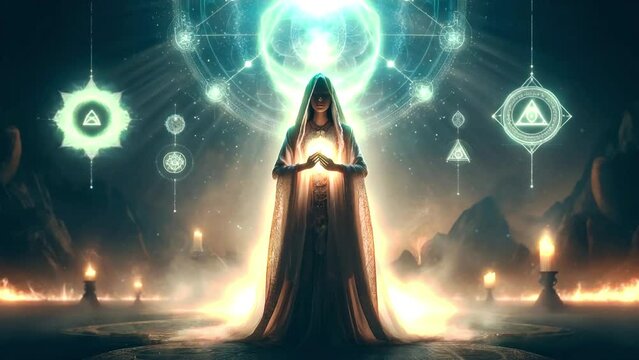 Ethereal Guardian: Chanting the Mantra of Cosmic Protection Amidst Sacred Symbols and Celestial Illumination