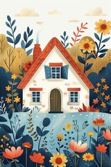 Tiny house surrounded by flowers, quaint vector icon, digital, simple design, pastel color scheme