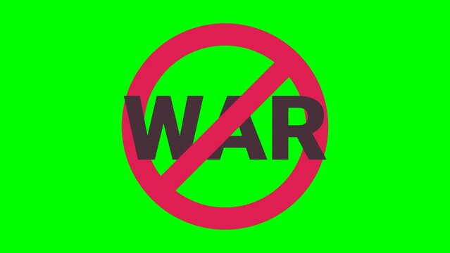 Animation of the appearance of word "War"  on which the red prohibition symbol appears on a green background, transparent, alpha channel, mask in flat design style