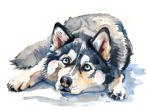 Whimsical Watercolor of a Cute and Friendly Husky Canine with Playful Expression and Textured Fur
