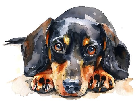 Whimsical Watercolor of a Cute and Funny Dachshund Dog Lounging in a Relaxed Pose