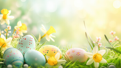 Happy Easter background with colorful eggs, flowers and copy space - 774195211