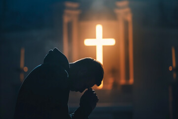 Christian man praying in front of the cross - 774195247