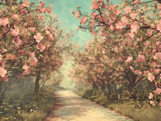 A serene pathway lined with blossoms under a sky of the softest blue