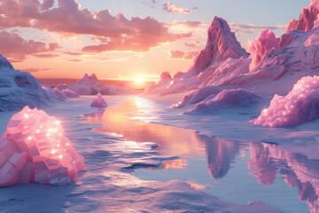 landscapes, crystal mountains, pink mountains, and beautiful streams. Sunset on the sky background