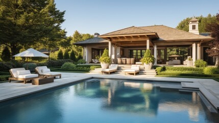 Fototapeta premium Mediterranean inspired villa with a sprawling garden and a private beach access in the exclusive Hamptons, New York