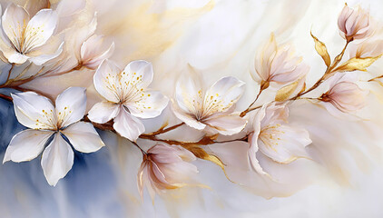 Białe kwiaty wiśni. Ozdobna gałąź. Dekoracja na ściane. Wiosna, motyw kwiatowy - obrazy, fototapety, plakaty