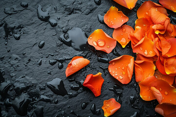 Aromatherapy, beauty and spa background with orange flowers and petals on black wet stone surface. Relaxation and zen like concept