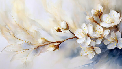 Białe kwiaty wiśni. Ozdobna gałąź. Dekoracja na ściane. Wiosna, motyw kwiatowy - obrazy, fototapety, plakaty
