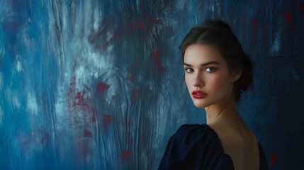 Fototapeta premium Sophisticated Woman with Dramatic Blue Backdrop