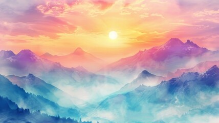 Sunset mountain valley with mist - Artistic representation of a mountain valley during sunset, conveying warmth and the sublime beauty of nature - obrazy, fototapety, plakaty