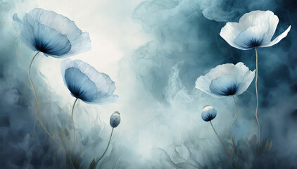 Niebieskie tło kwiaty. wiosenne maki - obrazy, fototapety, plakaty