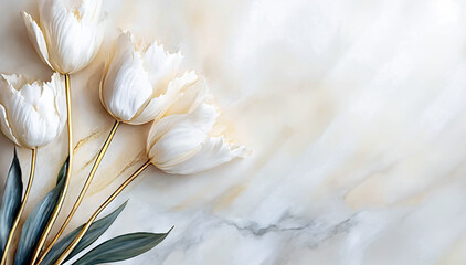Białe tulipany. Jasne tło, puste miejsce - obrazy, fototapety, plakaty