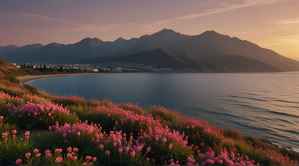 Vibrant pink flowers frame a breathtaking view of a calm blue sea and distant mountains.generative.ai