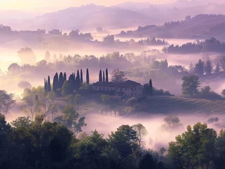 Abwaschbare Fototapete A soft mist envelops the landscape at dawn © WARIT_S