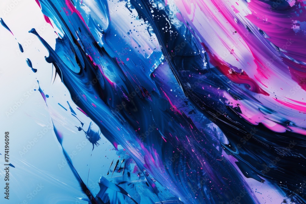 Wall mural Vibrant blue and pink paint splatters - Dynamic and artistic display of splattered paint in shades of blue and pink, capturing movement and energy - Wall murals