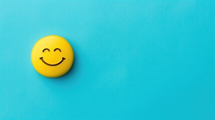 A yellow smiling face badge on a blue background - obrazy, fototapety, plakaty