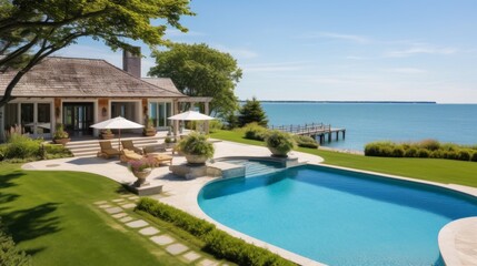 Fototapeta premium Mediterranean inspired villa with a sprawling garden and a private beach access in the exclusive Hamptons, New York