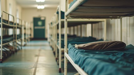 Empty dormitory room with rows of metal bunk beds and blue mattresses - obrazy, fototapety, plakaty