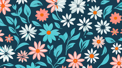 Blue Background With Pink, White, and Blue Flowers vector illustration 2d
