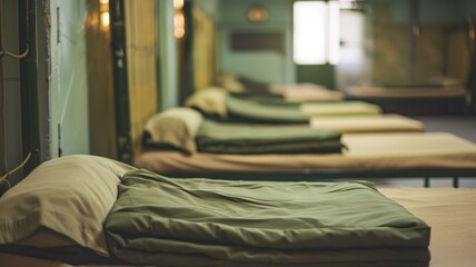 Military-style dorm room with rows of neatly arranged beds and soft lighting - obrazy, fototapety, plakaty