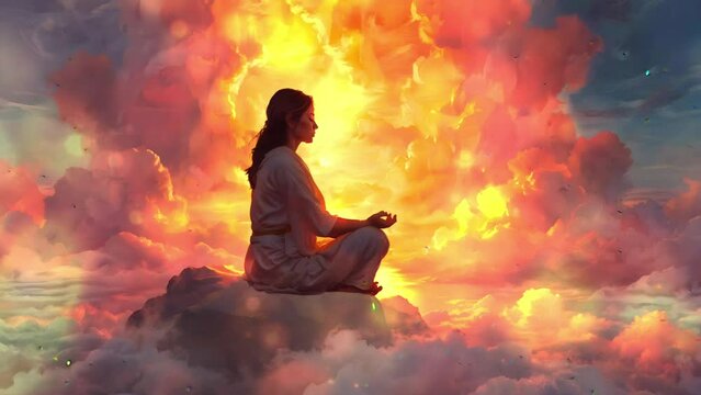 A woman meditates above a sea of clouds, surrounded by golden light, abstract digital painting videos.
