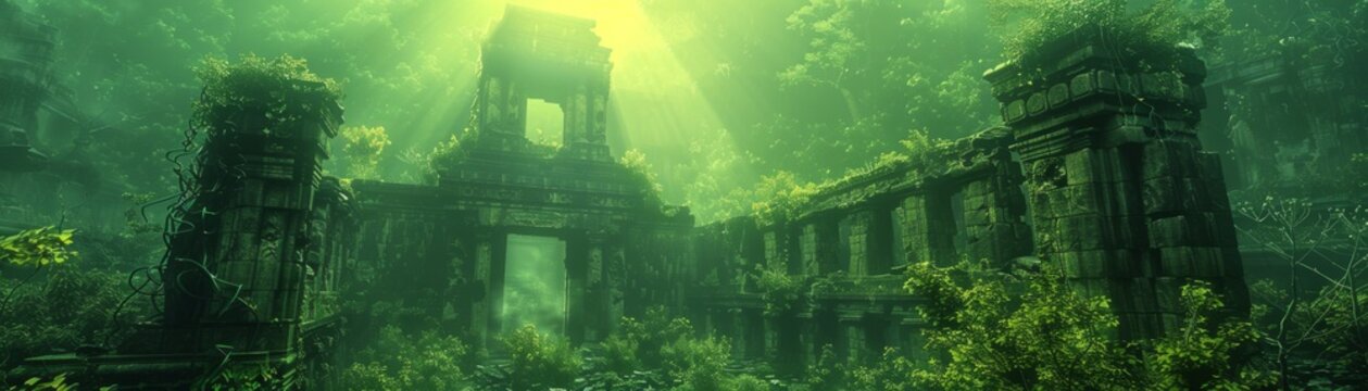 Mystical ancient ruins in the forest - Majestic ancient temple ruins overgrown with greenery, illuminated by ethereal light rays