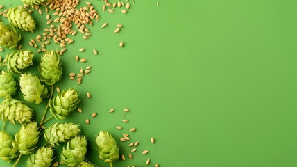 Fresh green hops and barley grains on a vibrant background with ample space for text