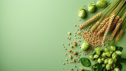 Fototapeta premium Wheat ears, hops, and barley grains on a green background, arranged in decorative pattern