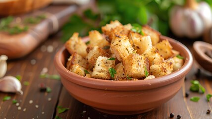 Golden brown croutons in a terracotta bowl on wooden table, garnished with herbs