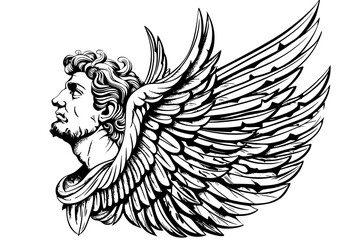 dark wing fly mythological outline winged god powerful white background style tattoo