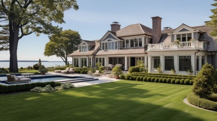 Obraz premium Mediterranean inspired villa with a sprawling garden and a private beach access in the exclusive Hamptons, New York