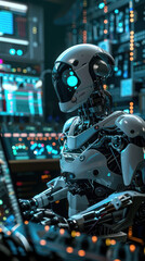 Fototapeta premium A high-tech robot with advanced machinery, illuminated by vibrant server room lights, shows future of AI